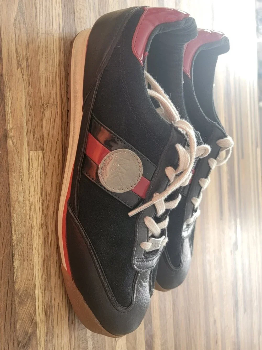 Michael Kors Vintage Black Suede Low Top Lace Up Leather Sneakers Red Trim